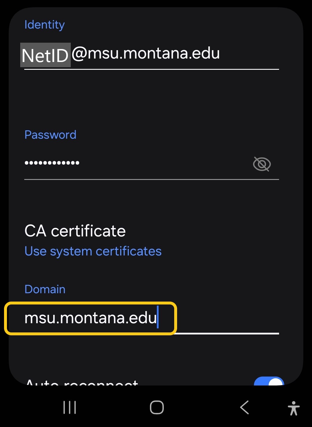 MSU-Secure login page, insert domain section with a yellow square around it